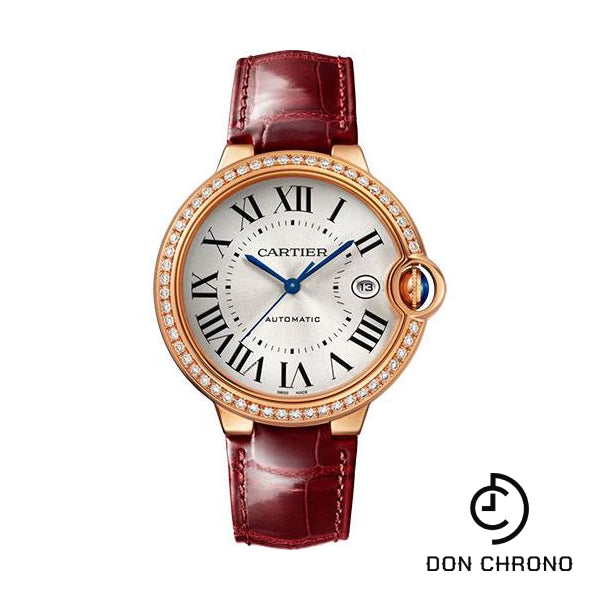 Cartier Ballon Bleu de Cartier Watch - 40 mm Rose Gold Diamond Case - Silvered Dial - Burgundy Alligator Strap - WJBB0056