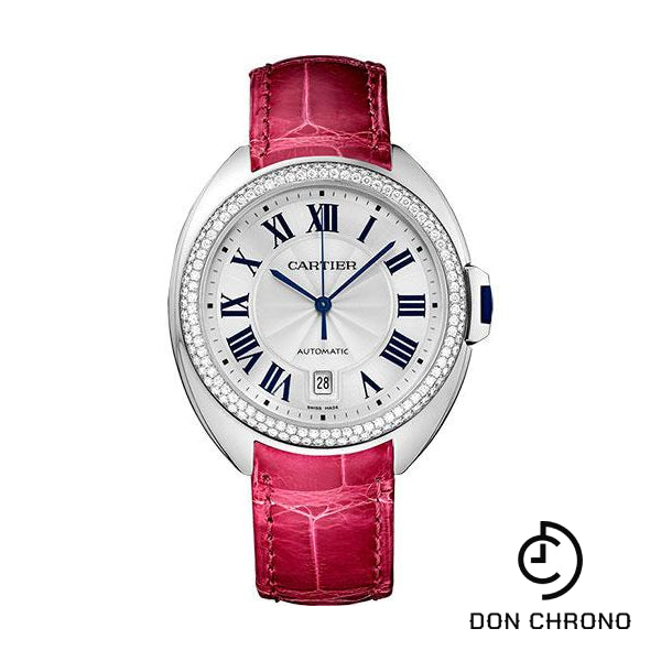 Cartier Cle De Cartier Watch - 40 mm White Gold Diamond Case - Diamond Bezel - Silver Dial - Fuchsia Pink Alligator Strap - WJCL0011