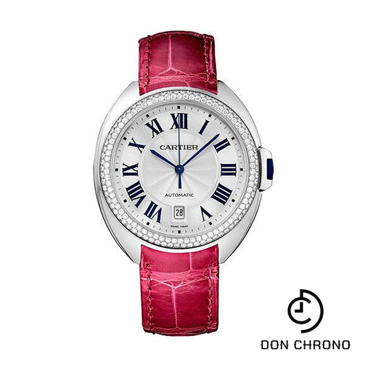 Cartier Cle De Cartier Watch - 40 mm White Gold Diamond Case - Diamond Bezel - Silver Dial - Fuchsia Pink Alligator Strap - WJCL0011