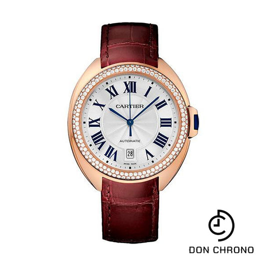 Cartier Cle De Cartier Watch - 40 mm Pink Gold Diamond Case - Diamond Bezel - Silver Dial - Bordeaux Alligator Strap - WJCL0012