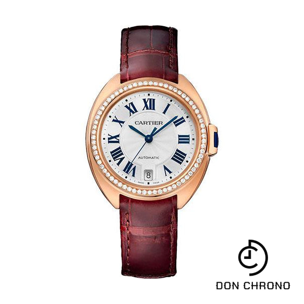 Cartier Cle De Cartier Watch - 35 mm Pink Gold Diamond Case - Diamond Bezel - Silver Dial - Bordeaux Alligator Strap - WJCL0013