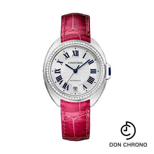 Cartier Cle De Cartier Watch - 35 mm White Gold Diamond Case - Diamond Bezel - Silver Dial - Fuchsia Pink Alligator Strap - WJCL0014