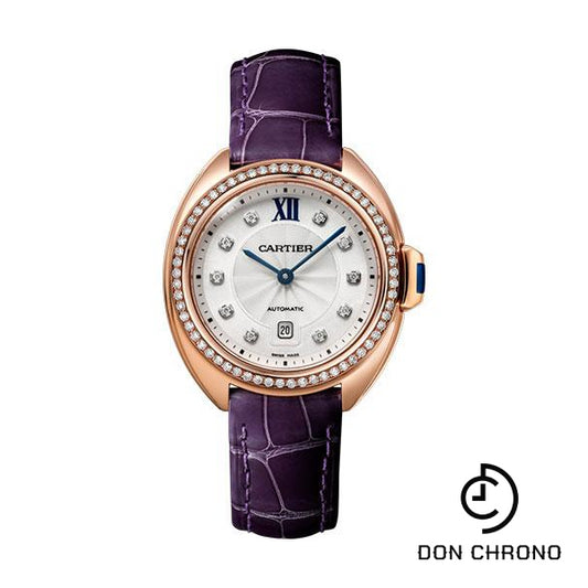 Cartier Cle de Cartier Watch - 31 mm Pink Gold Diamond Case - Diamond Bezel - Silvered Flinque Dial - Aubergine Alligator Strap - WJCL0038