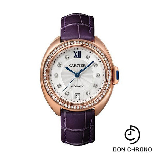 Cartier Cle de Cartier Watch - 35 mm Pink Gold Diamond Case - Diamond Bezel - Silvered Flinque Dial - Aubergine Alligator Strap - WJCL0039
