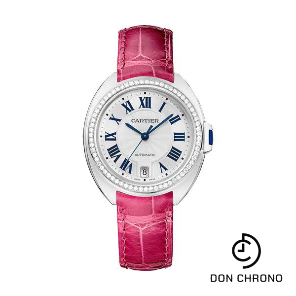 Cartier Cle de Cartier Watch - 35 mm White Gold Diamond Case - White Dial - Fuchsia Pink Alligator Strap - WJCL0049