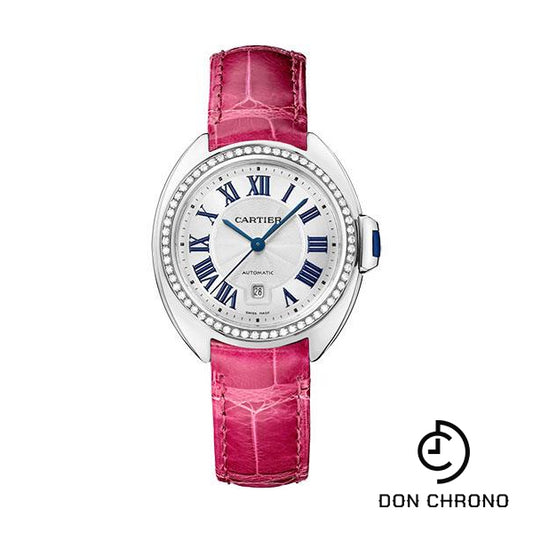 Cartier Cle de Cartier Watch - 31 mm White Gold Diamond Case - White Dial - Fuchsia Pink Alligator Strap - WJCL0050