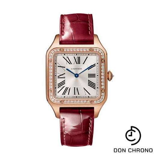 Cartier Santos-Dumont Watch - 43.5 mm x 31.4 mm Pink Gold Case - Silver Satin-Brushed Dial - Bordeaux Leather Strap - WJSA0016