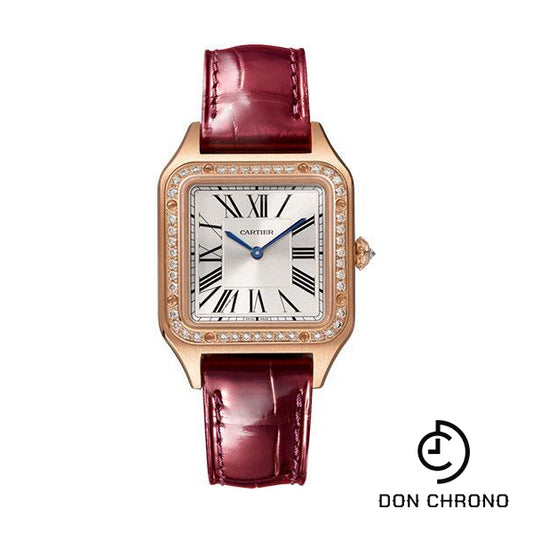 Cartier Santos-Dumont Watch - 38 mm x 27.5 mm Pink Gold Case - Silver Satin-Brushed Dial - Burgundy Leather Strap - WJSA0017