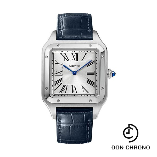 Cartier Santos-Dumont Watch - 46.6 mm x 33.9 mm Steel Case - Silver Dial - Navy Blue Leather Strap - WSSA0032