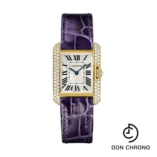 Cartier Tank Anglaise Watch - 30.2 mm Yellow Gold Diamond Case - Silvered Dial - Aubergine Alligator Strap - WT100014