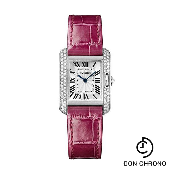 Cartier Tank Anglaise Watch - 30.2 mm White Gold Diamond Case - Silvered Dial - Fuschia Alligator Strap - WT100015