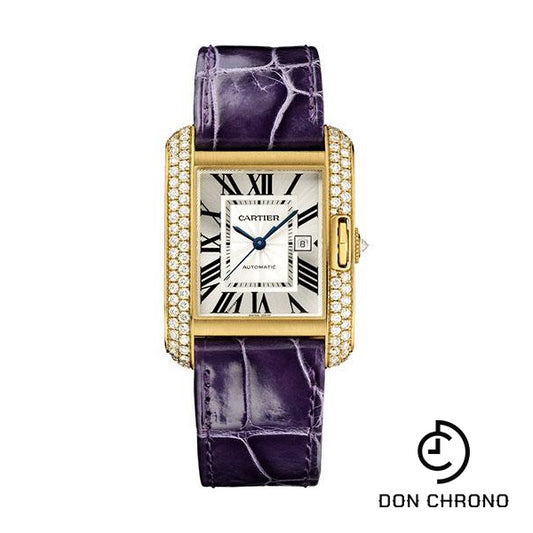 Cartier Tank Anglaise Watch - 39.2 mm Yellow Gold Diamond Case - Silvered Dial - Aubergine Alligator Strap - WT100017