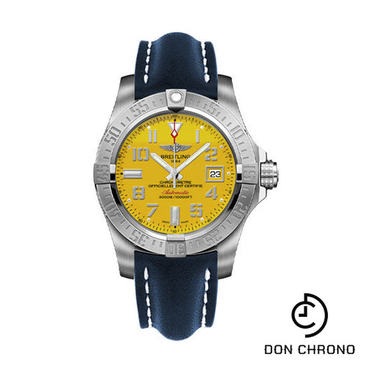 Breitling Avenger II Seawolf Watch - 45mm Steel Case - Cobra Yellow Dial - Blue Leather Strap - A1733110/I519/105X/A20BASA.1