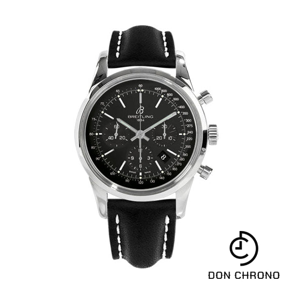 Breitling Transocean 01 Chronograph Watch - 43mm Steel Case - Black Dial - Black Leather Strap - AB015212/BA99/436X/A20D.1