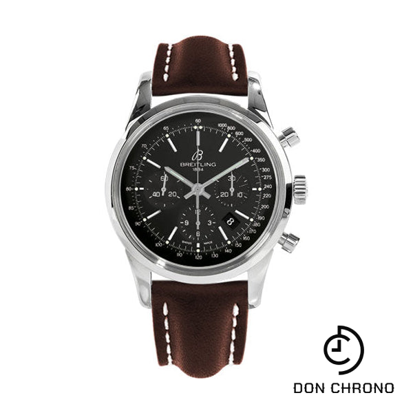 Breitling Transocean 01 Chronograph Watch - 43mm Steel Case - Black Dial - Brown Leather Strap - AB015212/BA99/438X/A20D.1