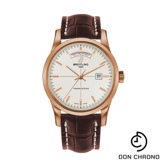 Breitling Transocean Day & Date Watch - 43mm Red Gold Case - Mercury Silver Dial - Brown Croco Strap - R4531012/G752/740P/R20D.1