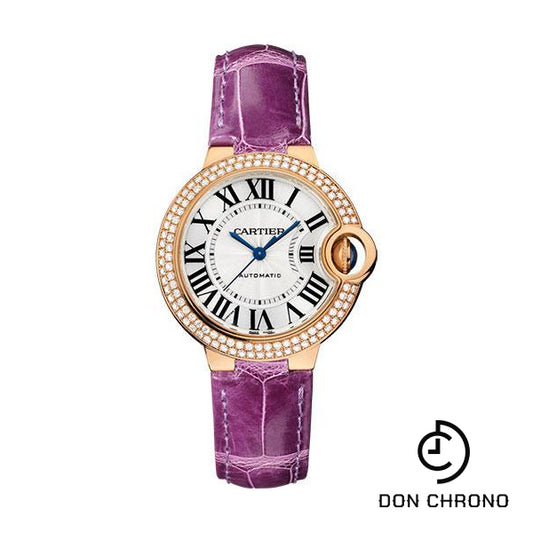 Cartier Ballon Bleu de Cartier Watch - 33 mm Pink Gold Diamond Case - Purple Alligator Strap - WE902066
