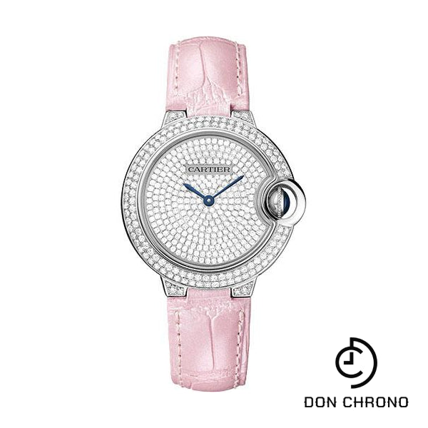 Cartier Ballon Bleu de Cartier Watch - 33 mm White Gold Diamond Case - Diamond Paved Dial - Pearly Pink Alligator Strap - WE902047