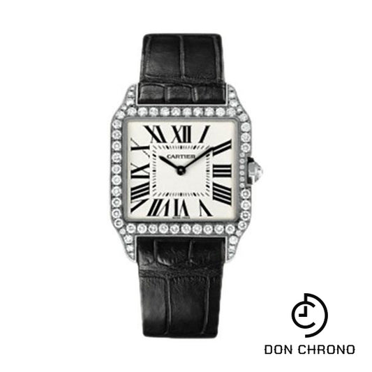 Cartier Santos-Dumont Watch - Small White Gold Diamond Case - Silver Dial - Alligator Strap - WH100251