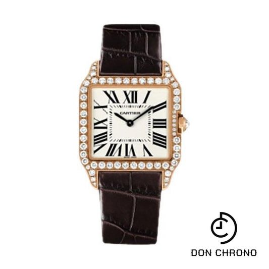 Cartier Santos-Dumont Watch - Small Pink Gold Diamond Case - Silver Dial - Alligator Strap - WH100351