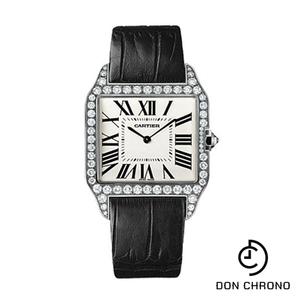 Cartier Santos Dumont Watch - Large White Gold Diamond Case - Silver Grained Dial - Alligator Strap - WH100651